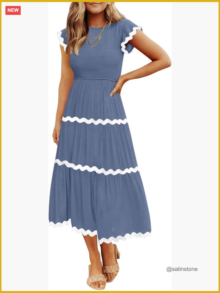 Flutter Short Sleeve Smocked High Waist Tiered Flowy Boho Midi Dress